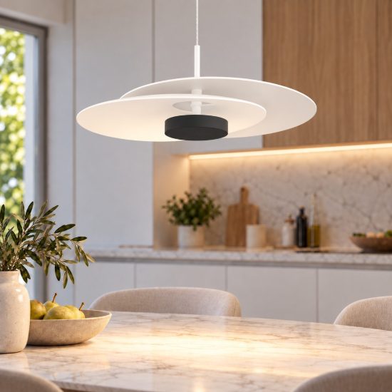 Lampadario saliscendi led 16w 3000k per cucina design moderno disco bianco
