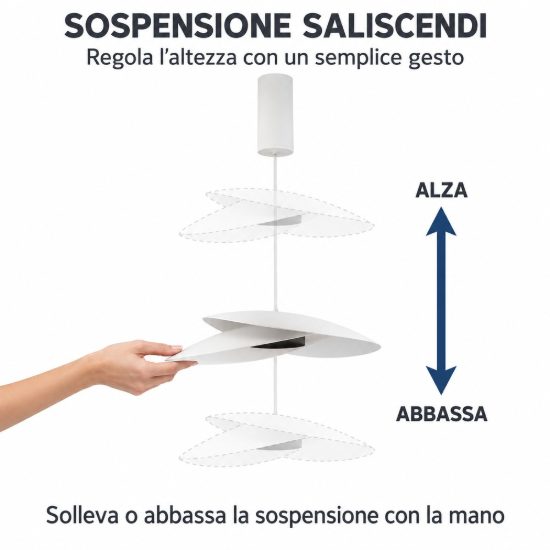 Lampadario saliscendi led 16w 3000k per cucina design moderno disco bianco