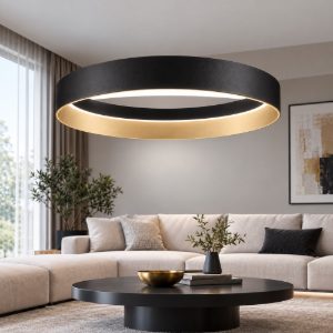 Lampadario per soggiorno moderno cilindrico nero oro champagne led 48w cct 2700k 4000k