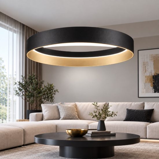 Lampadario per soggiorno moderno cilindrico nero oro champagne led 48w cct 2700k 4000k