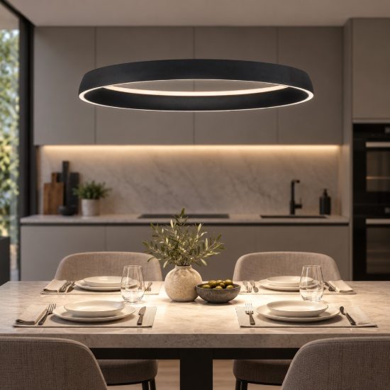 Lampadario a sospensione per cucina moderno anello nero sabbiato led 48w cct 2700k 4000k dimmerabile