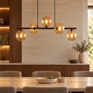 Lampadario moderno sfere vetri ambra per sala da pranzo