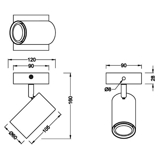Applique per comodino camera da letto cilindro da nero