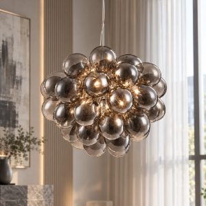 Lampadario balbo per soggiorno moderno maytoni grappolo vetri fume trasparenti