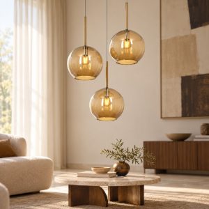 Lampadario 3 luci moderna vetri ambra