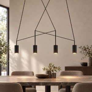 Lampadario moderno 4 luci nere per tavolo da soggiorno