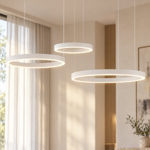 Composizione 3 lampadari cerchi bianchi led 140w 3000k dimmerabile