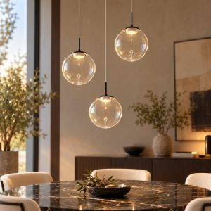Lampadario led moderno 3 sfere trasparenti fabas luce ariel 4000k
