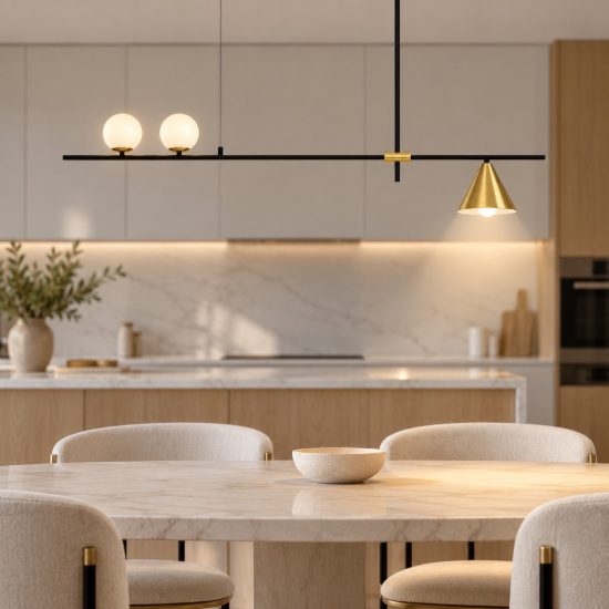 Lampadario a sospensione moderno lineare con sfere cono nero oro per sala da pranzo cucina