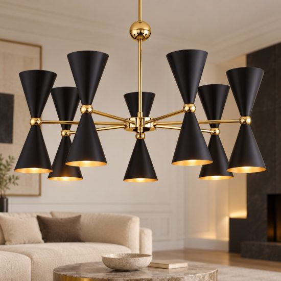Lampadario a sospensione conica contemporaneo nero e oro per soggiorno 14 luci