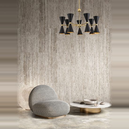 Lampadario a sospensione conica contemporaneo nero e oro per soggiorno 14 luci