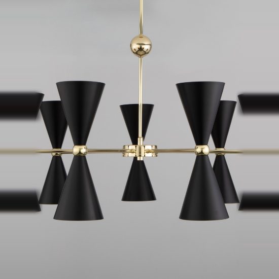 Lampadario a sospensione conica contemporaneo nero e oro per soggiorno 14 luci