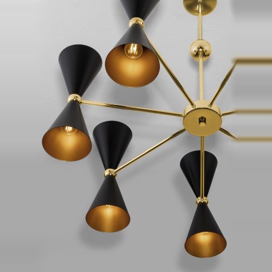Lampadario a sospensione conica contemporaneo nero e oro per soggiorno 14 luci