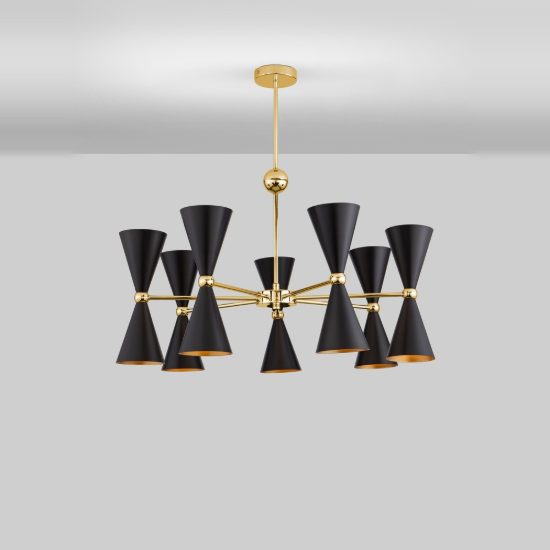 Lampadario a sospensione conica contemporaneo nero e oro per soggiorno 14 luci