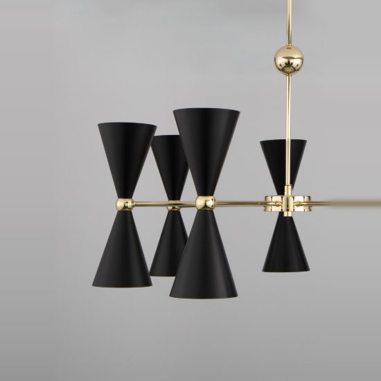 Lampadario a sospensione conica contemporaneo nero e oro per soggiorno 14 luci