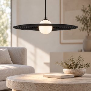 Lampadario a sospensione design moderno disco rotondo nero bianco