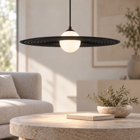 Lampadario a sospensione design moderno disco rotondo nero bianco