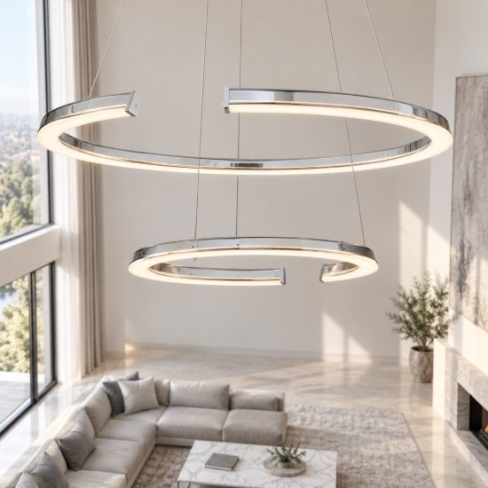 Lampadario a sospensione cerchio moderno cromo per soggiorno led 70w 3500k dimmerabile