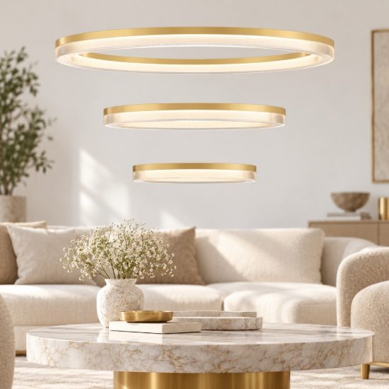 Lampadario a sospensione cerchi oro per soggiorno led 90w cct 2700k 4000k dimmerabile