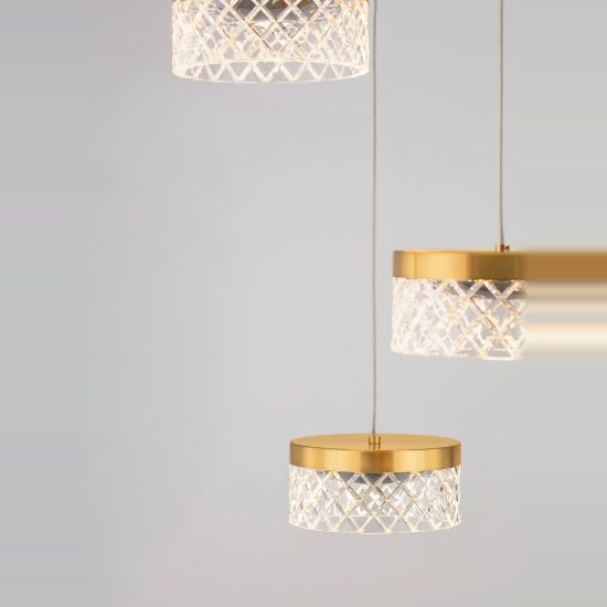 Lampadario a sospensione led 32w 3000k 5 luci classico tondo oro ottone per soggiorno