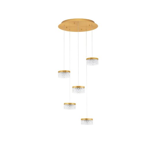 Lampadario a sospensione led 32w 3000k 5 luci classico tondo oro ottone per soggiorno