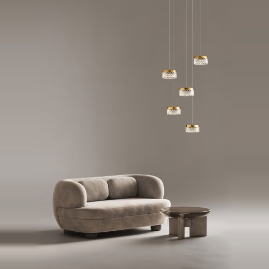 Lampadario a sospensione led 32w 3000k 5 luci classico tondo oro ottone per soggiorno