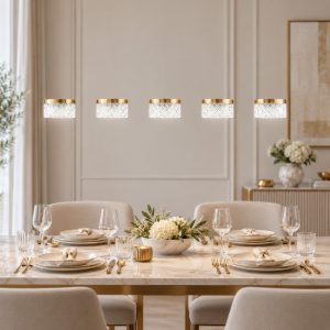 Lampadario a sospensione led 32w 3000k 5 luci lineare oro ottone per soggiorno
