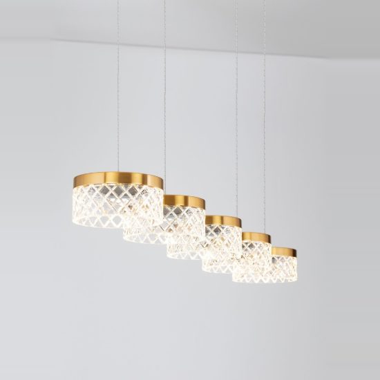 Lampadario a sospensione led 32w 3000k 5 luci lineare oro ottone per soggiorno
