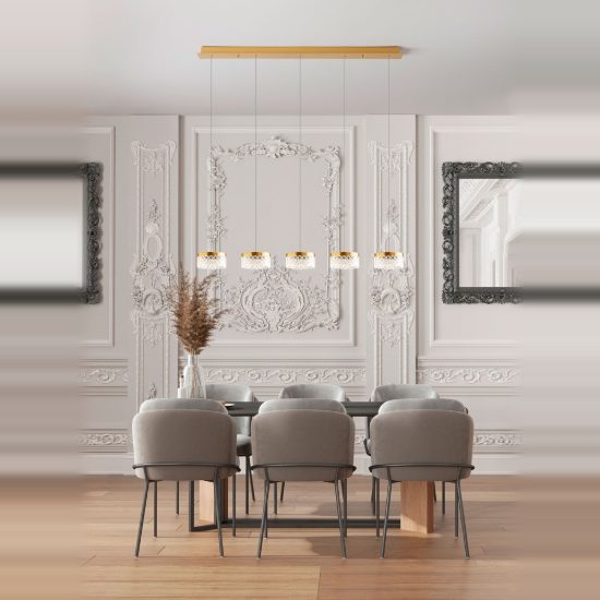 Lampadario a sospensione led 32w 3000k 5 luci lineare oro ottone per soggiorno