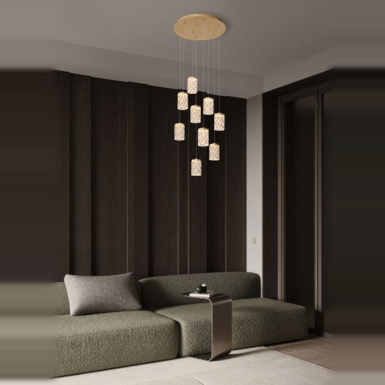 Lampadario led 46w 3000k 9 luci pendenti per salone classico oro ottone
