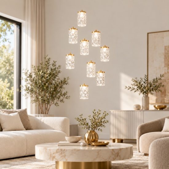Lampadario led 46w 3000k 9 luci pendenti per salone classico oro ottone