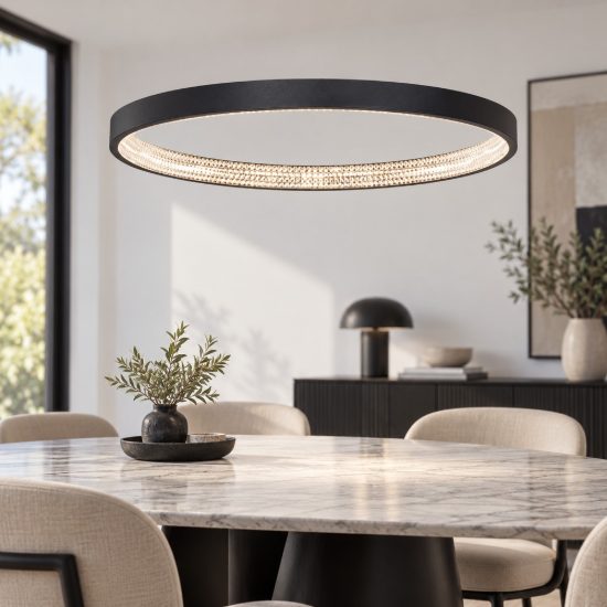 Lampadario moderno per soggiorno tondo nero a sospensione led 35w 3000k dimmerabile
