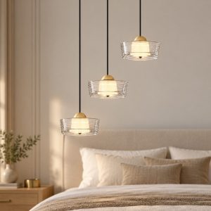 Lampadario led 18w 3000k 3 luci a sospensione per camera da letto oro platino e bianco