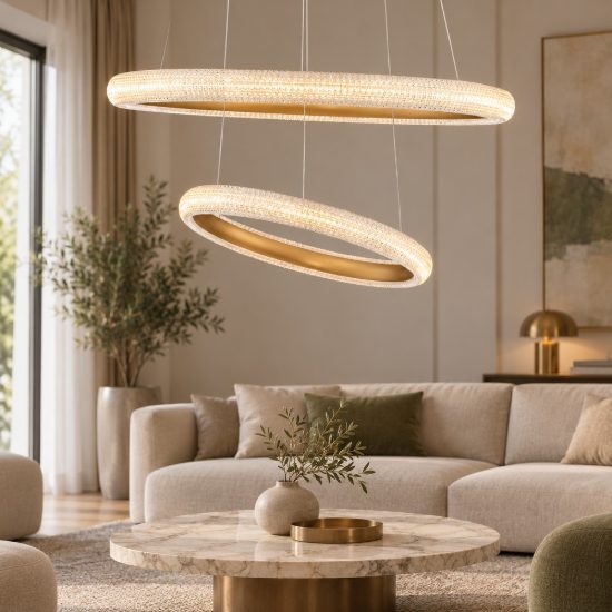 Lampadario led 42w 3000k dimmerabile moderno a sospensione tondo oro ottone per soggiorno