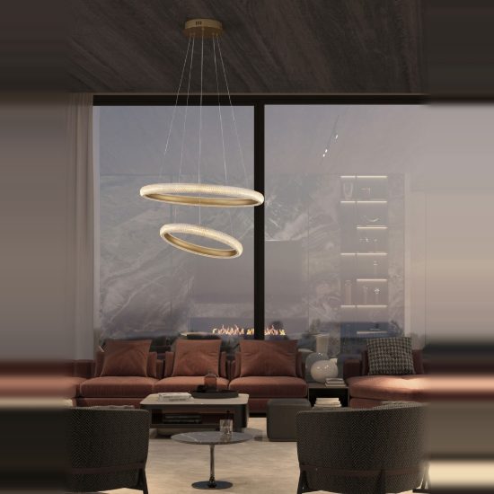 Lampadario led 42w 3000k dimmerabile moderno a sospensione tondo oro ottone per soggiorno