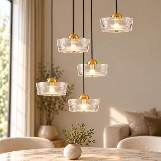Lampadario led 30w 3000k 5 luci a sospensione per soggiorno oro platino e bianco