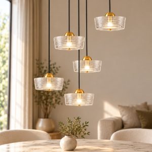 Lampadario led 30w 3000k 5 luci a sospensione per soggiorno oro platino e bianco
