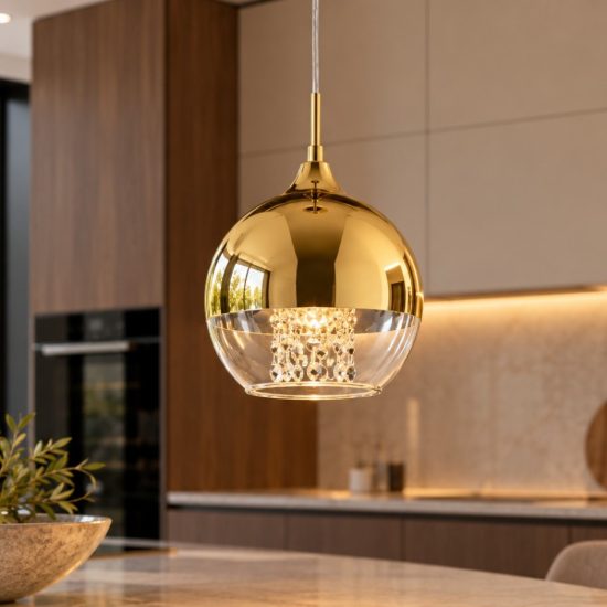 Maytoni fermi lampada per isola cucina a sospensione sferica oro vetro