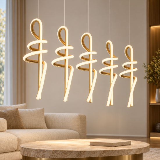 Lampadario per tavolo soggiorno moderno a sospensione lineare oro led 90w 3000k 5 luci