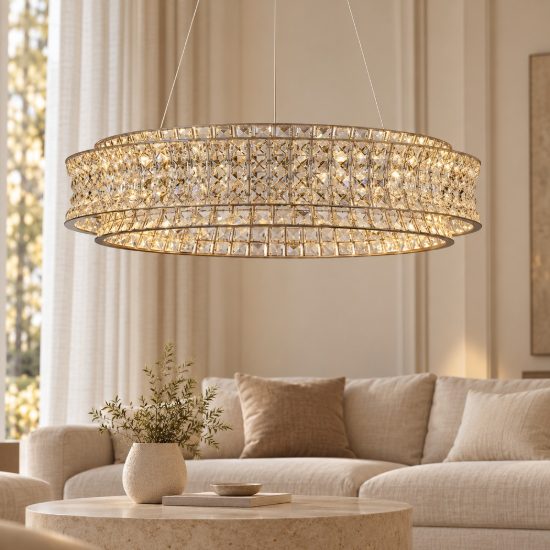 Lampadario classico cromo cristallo per soggiorno led 74w 3500k dimmerabile