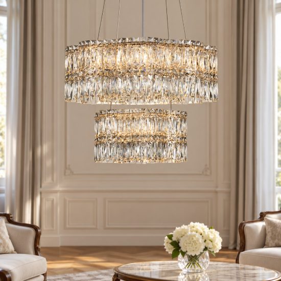 Lampadario a sospensione classico cromo cristallo per soggiorno led 56w 3500k