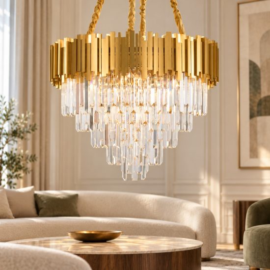 Lampadario classico a sospensione con pendenti oro cristallo per salone