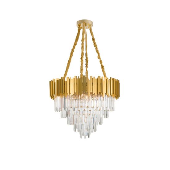 Lampadario classico a sospensione con pendenti oro cristallo per salone