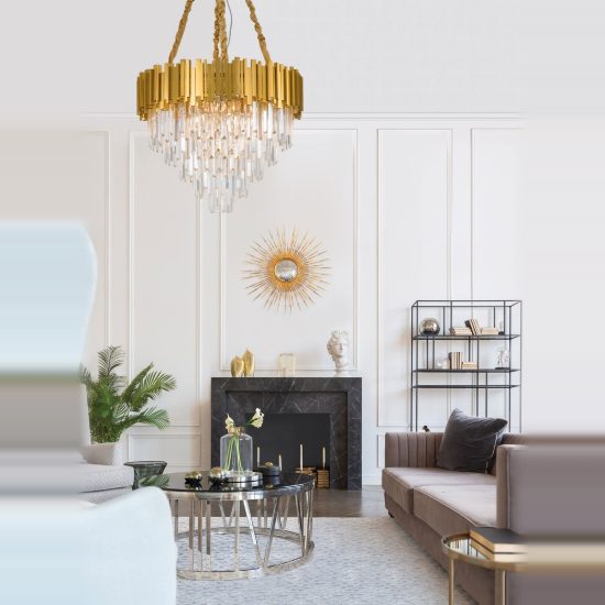 Lampadario classico a sospensione con pendenti oro cristallo per salone