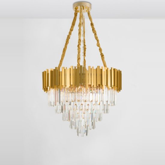 Lampadario classico a sospensione con pendenti oro cristallo per salone