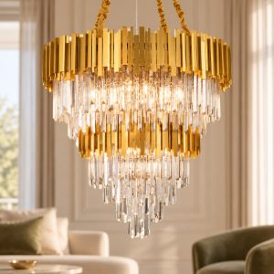 Lampadario classico a sospensione con pendenti oro cristallo per salotto