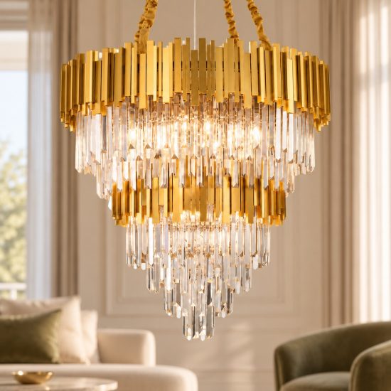 Lampadario classico a sospensione con pendenti oro cristallo per salotto