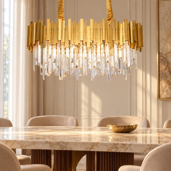 Lampadario classico a sospensione con pendenti oro cristallo per soggiorno