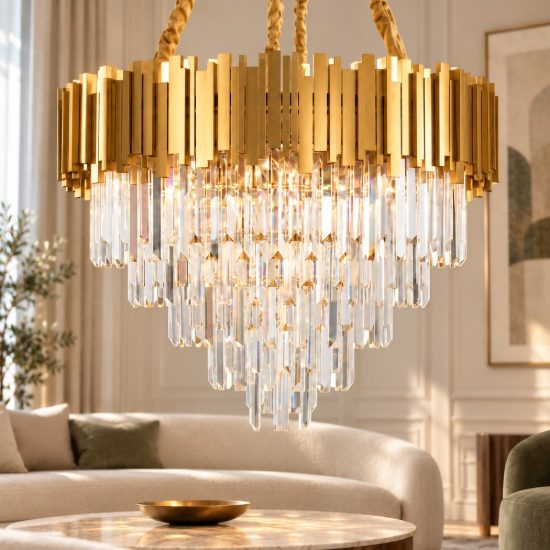 Lampadario classico a sospensione con pendenti oro cristallo per soggiorno 8 luci