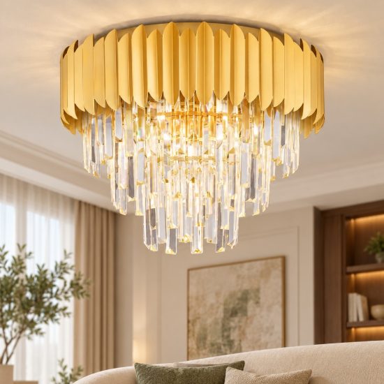 Plafoniera stile contemporaneo con pendenti oro cristallo per soggiorno 50cm